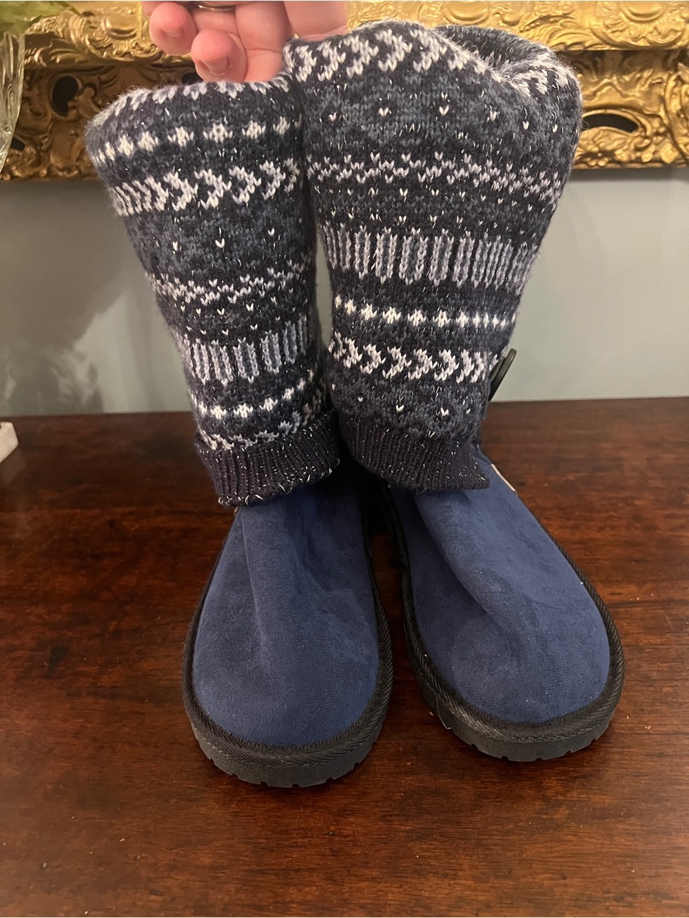 Muk Luks Navy Blue Suede Booties with Gray Knit Cuffs